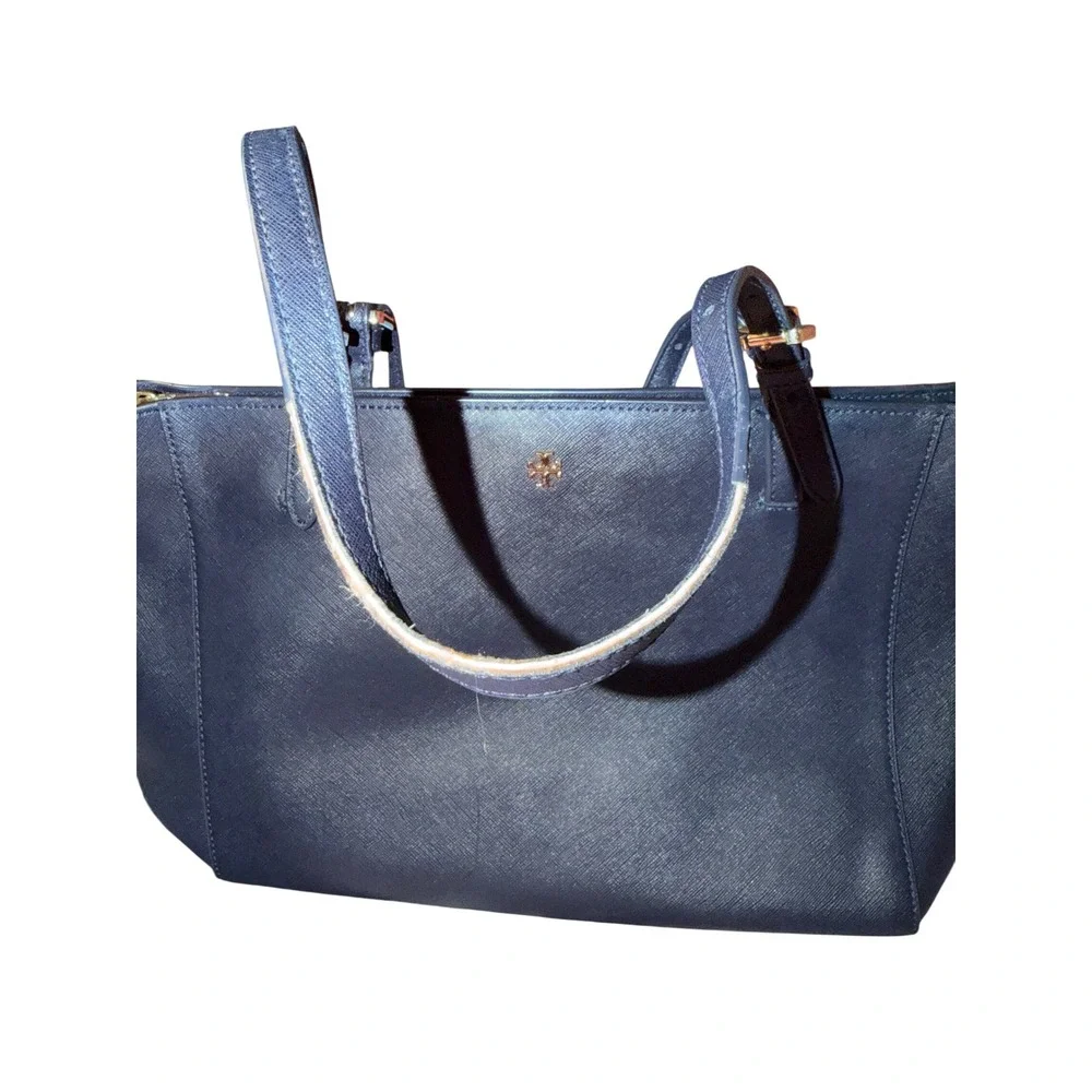 Tory Burch‎ Emerson Small Buckle Tote Navy Blue Saffiano Leather Handbag